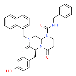 ChemSpider 2D Image | (6S)-N-Benzyl-6-(4-hydroxybenzyl)-8-(1-naphthylmethyl)-4,7-dioxohexahydro-2H-pyrazino[1,2-a]pyrimidine-1(6H)-carboxamide | C33H32N4O4