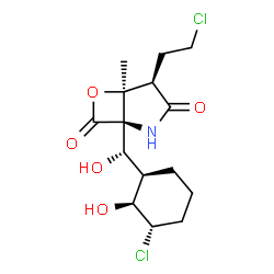 ChemSpider 2D Image | (1R,4R,5S)-4-(2-Chloroethyl)-1-[(S)-[(1R,2S,3S)-3-chloro-2-hydroxycyclohexyl](hydroxy)methyl]-5-methyl-6-oxa-2-azabicyclo[3.2.0]heptane-3,7-dione | C15H21Cl2NO5