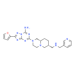 ChemSpider 2D Image | 2-(2-Furyl)-5-[(7R,9aS)-7-{[(3-pyridinylmethyl)amino]methyl}octahydro-2H-pyrido[1,2-a]pyrazin-2-yl][1,2,4]triazolo[1,5-a][1,3,5]triazin-7-amine | C23H28N10O
