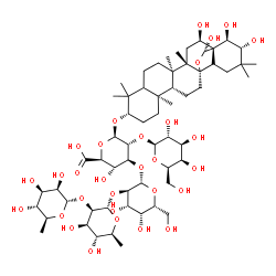 ChemSpider 2D Image | (3beta,5xi,13alpha,16alpha,17alpha,21beta,22alpha,28S)-16,21,22,28-Tetrahydroxy-13,28-epoxyoleanan-3-yl 6-deoxy-alpha-L-mannopyranosyl-(1->2)-6-deoxy-alpha-L-mannopyranosyl-(1->2)-beta-D-galactopyrano
syl-(1->3)-[beta-D-galactopyranosyl-(1->2)]-beta-D-glucopyranosiduronic acid | C60H98O30