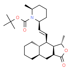 ChemSpider 2D Image | 2-Methyl-2-propanyl (2S,6S)-2-methyl-6-{(E)-2-[(3S,3aR,4R,4aS,8aR,9aS)-3-methyl-1-oxododecahydronaphtho[2,3-c]furan-4-yl]vinyl}-1-piperidinecarboxylate | C26H41NO4