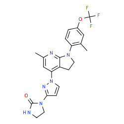 ChemSpider 2D Image | 1-(1-{6-Methyl-1-[2-methyl-4-(trifluoromethoxy)phenyl]-2,3-dihydro-1H-pyrrolo[2,3-b]pyridin-4-yl}-1H-pyrazol-3-yl)-2-imidazolidinone | C22H21F3N6O2