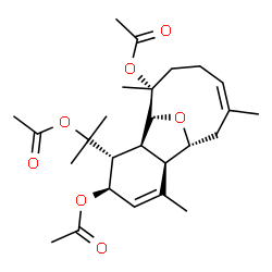ChemSpider 2D Image | (1R,2S,3R,4R,7R,8R,10Z,14R)-3-(2-Acetoxy-2-propanyl)-6,10,14-trimethyl-15-oxatricyclo[6.6.1.0~2,7~]pentadeca-5,10-diene-4,14-diyl diacetate | C26H38O7