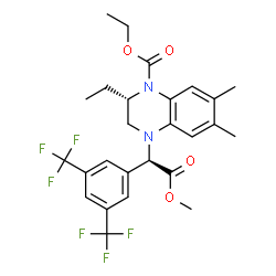 ChemSpider 2D Image | Ethyl (2S)-4-{(1R)-1-[3,5-bis(trifluoromethyl)phenyl]-2-methoxy-2-oxoethyl}-2-ethyl-6,7-dimethyl-3,4-dihydro-1(2H)-quinoxalinecarboxylate | C26H28F6N2O4