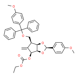 ChemSpider 2D Image | Ethyl (2R,3aR,4S,6S,6aR)-2-(4-methoxyphenyl)-6-{[(4-methoxyphenyl)(diphenyl)methoxy]methyl}-5-methylenetetrahydro-3aH-cyclopenta[d][1,3]dioxol-4-yl carbonate | C38H38O8