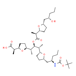ChemSpider 2D Image | (2R)-2-{(2R,5S)-5-[(2R,3S,4R)-3-{[(2S)-2-{(2R,5S)-5-[(2S)-2-Hydroxypentyl]tetrahydro-2-furanyl}propanoyl]oxy}-4-{(2R,5S)-5-[(2R)-2-({[(2-methyl-2-propanyl)oxy]carbonyl}amino)pentyl]tetrahydro-2-furany
l}-2-pentanyl]tetrahydro-2-furanyl}propanoic acid | C38H67NO10