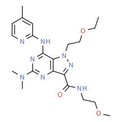 ChemSpider 2D Image | 5-(Dimethylamino)-1-(2-ethoxyethyl)-N-(2-methoxyethyl)-7-[(4-methyl-2-pyridinyl)amino]-1H-pyrazolo[4,3-d]pyrimidine-3-carboxamide | C21H30N8O3