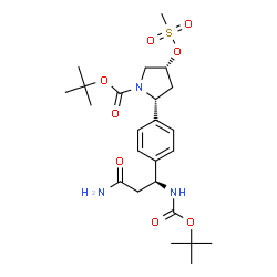 ChemSpider 2D Image | 2-Methyl-2-propanyl (2R,4R)-2-{4-[(1S)-3-amino-1-({[(2-methyl-2-propanyl)oxy]carbonyl}amino)-3-oxopropyl]phenyl}-4-[(methylsulfonyl)oxy]-1-pyrrolidinecarboxylate | C24H37N3O8S