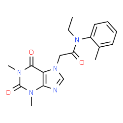 ChemSpider 2D Image | 2-(1,3-Dimethyl-2,6-dioxo-1,2,3,6-tetrahydro-7H-purin-7-yl)-N-ethyl-N-(2-methylphenyl)acetamide | C18H21N5O3