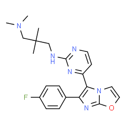 ChemSpider 2D Image | N'-{4-[6-(4-Fluorophenyl)imidazo[2,1-b][1,3]oxazol-5-yl]-2-pyrimidinyl}-N,N,2,2-tetramethyl-1,3-propanediamine | C22H25FN6O