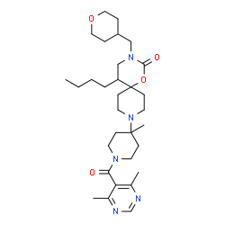 ChemSpider 2D Image | 5-Butyl-9-{1-[(4,6-dimethyl-5-pyrimidinyl)carbonyl]-4-methyl-4-piperidinyl}-3-(tetrahydro-2H-pyran-4-ylmethyl)-1-oxa-3,9-diazaspiro[5.5]undecan-2-one | C31H49N5O4