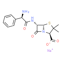 ChemSpider 2D Image | Sodium (2R,5S,6S)-6-{[(2R)-2-amino-2-phenylacetyl]amino}-3,3-dimethyl-7-oxo-4-thia-1-azabicyclo[3.2.0]heptane-2-carboxylate | C16H18N3NaO4S