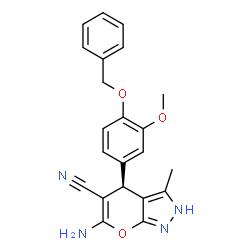 ChemSpider 2D Image | (4R)-6-Amino-4-[4-(benzyloxy)-3-methoxyphenyl]-3-methyl-2,4-dihydropyrano[2,3-c]pyrazole-5-carbonitrile | C22H20N4O3