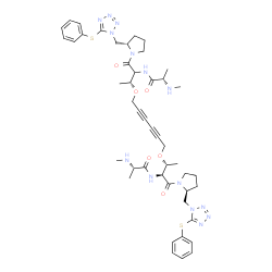 ChemSpider 2D Image | 1-({(2S)-1-[(2S,3R)-2-[(N-Methyl-L-alanyl)amino]-3-{[6-({(2R)-3-[(N-methyl-L-alanyl)amino]-4-oxo-4-[(2S)-2-{[5-(phenylsulfanyl)-1H-tetrazol-1-yl]methyl}-1-pyrrolidinyl]-2-butanyl}oxy)-2,4-hexadiyn-1-y
l]oxy}butanoyl]-2-pyrrolidinyl}methyl)-5-(phenylsulfanyl)-1H-tetrazole | C46H60N14O6S2