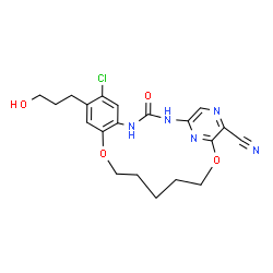 ChemSpider 2D Image | 7-Chloro-8-(3-hydroxypropyl)-3-oxo-11,17-dioxa-2,4,20,22-tetraazatricyclo[16.3.1.0~5,10~]docosa-1(22),5,7,9,18,20-hexaene-19-carbonitrile | C20H22ClN5O4
