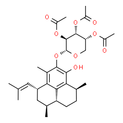 ChemSpider 2D Image | (1S,3R,7S,9aR)-6-Hydroxy-1,4,7-trimethyl-3-(2-methyl-1-propen-1-yl)-2,3,7,8,9,9a-hexahydro-1H-phenalen-5-yl 2,3,4-tri-O-acetyl-alpha-D-arabinopyranoside | C31H42O9