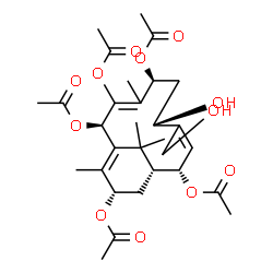 ChemSpider 2D Image | (2R,5S,7S,10S,11R,13S)-7-Hydroxy-8-(hydroxymethyl)-4,14,15,15-tetramethylbicyclo[9.3.1]pentadeca-1(14),3,8-triene-2,3,5,10,13-pentayl pentaacetate | C30H42O12