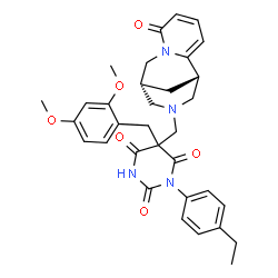 ChemSpider 2D Image | 5-(2,4-Dimethoxybenzyl)-1-(4-ethylphenyl)-5-{[(1S,9R)-6-oxo-7,11-diazatricyclo[7.3.1.0~2,7~]trideca-2,4-dien-11-yl]methyl}-2,4,6(1H,3H,5H)-pyrimidinetrione | C33H36N4O6