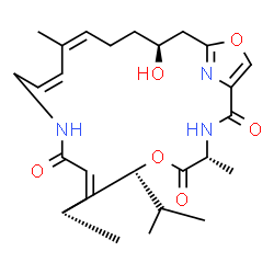 ChemSpider 2D Image | (4R,9Z,14Z,16Z,20S)-20-Hydroxy-7-isopropyl-4,8,16-trimethyl-6,23-dioxa-3,12,25-triazabicyclo[20.2.1]pentacosa-1(24),9,14,16,22(25)-pentaene-2,5,11-trione | C26H37N3O6