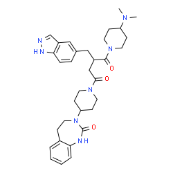 ChemSpider 2D Image | 1-[4-(Dimethylamino)-1-piperidinyl]-2-(1H-indazol-5-ylmethyl)-4-[4-(2-oxo-1,2,4,5-tetrahydro-3H-1,3-benzodiazepin-3-yl)-1-piperidinyl]-1,4-butanedione | C33H43N7O3
