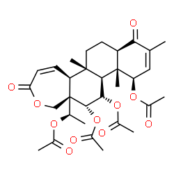 ChemSpider 2D Image | (5aS,5bS,7aR,11R,11aR,11bS,12S,13R,13aR)-13a-[(1R)-1-Acetoxyethyl]-5b,9,11a-trimethyl-3,8-dioxo-1,3,5a,5b,6,7,7a,8,11,11a,11b,12,13,13a-tetradecahydrophenanthro[2,1-c]oxepine-11,12,13-triyl triacetate | C31H40O11