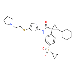 ChemSpider 2D Image | (1R)-2-Cyclohexyl-1-[4-(cyclopropylsulfonyl)phenyl]-N-(5-{[2-(1-pyrrolidinyl)ethyl]sulfanyl}-1,3-thiazol-2-yl)cyclopropanecarboxamide | C28H37N3O3S3