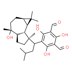 ChemSpider 2D Image | 2,4,6-Trihydroxy-5-{1-[(1aR,4R,4aR,7S,7aS,7bR)-4-hydroxy-1,1,4,7-tetramethyldecahydro-1H-cyclopropa[e]azulen-7-yl]-3-methylbutyl}isophthalaldehyde | C28H40O6