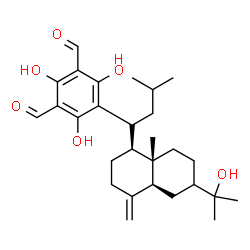 ChemSpider 2D Image | 2,4,6-Trihydroxy-5-{(1R)-1-[(1S,4aS,8aS)-6-(2-hydroxy-2-propanyl)-8a-methyl-4-methylenedecahydro-1-naphthalenyl]-3-methylbutyl}isophthalaldehyde | C28H40O6