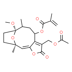 ChemSpider 2D Image | (1R,2E,11S)-6-(Acetoxymethyl)-11-methoxy-1,10-dimethyl-5-oxo-4,14-dioxatricyclo[9.2.1.0~3,7~]tetradeca-2,6-dien-8-yl methacrylate | C22H28O8