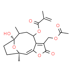 ChemSpider 2D Image | (1R,2E,11S)-6-(Acetoxymethyl)-11-hydroxy-1,10-dimethyl-5-oxo-4,14-dioxatricyclo[9.2.1.0~3,7~]tetradeca-2,6-dien-8-yl methacrylate | C21H26O8
