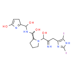 ChemSpider 2D Image | 2-[{[(Z)-{1-[3-(2,5-Diiodo-1H-imidazol-4-yl)-1-hydroxy-2-iminopropyl]-2-pyrrolidinylidene}(hydroxy)methyl]amino}(hydroxy)methyl]-3H-pyrrol-5-ol | C16H20I2N6O4