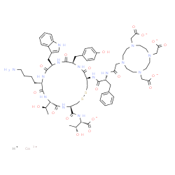 ChemSpider 2D Image | Gallium hydrogen (2S,3R)-2-[({(4R,7S,10S,13R,16R,19R)-10-(4-aminobutyl)-16-(4-hydroxybenzyl)-7-[(1R)-1-hydroxyethyl]-13-(1H-indol-3-ylmethyl)-6,9,12,15,18-pentaoxo-19-[(N-{[4,7,10-tris(carboxylatometh
yl)-1,4,7,10-tetraazacyclododecan-1-yl]acetyl}-D-phenylalanyl)amino]-1,2-dithia-5,8,11,14,17-pentaazacycloicosan-4-yl}carbonyl)amino]-3-hydroxybutanoate (1:1:1) | C65H87GaN14O19S2