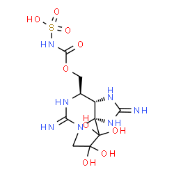 ChemSpider 2D Image | ({[(3aS,4R,10aS)-9,9,10,10-Tetrahydroxy-2,6-diiminooctahydro-1H,8H-pyrrolo[1,2-c]purin-4-yl]methoxy}carbonyl)sulfamic acid | C10H17N7O9S