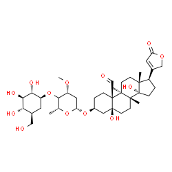 ChemSpider 2D Image | (3beta,5beta,14alpha)-3-({(4xi)-2,6-Dideoxy-3-O-methyl-4-O-[(1S,2S,3R,4S,5S)-2,3,4-trihydroxy-5-(hydroxymethyl)cyclohexyl]-beta-D-threo-hexopyranosyl}oxy)-5,14-dihydroxy-8,9-dimethyl-19-oxocard-20(22)
-enolide | C39H60O13