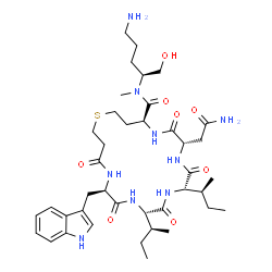 ChemSpider 2D Image | (4S,7S,10S,13S,16R)-N-[(2S)-5-Amino-1-hydroxy-2-pentanyl]-7-(2-amino-2-oxoethyl)-10,13-di[(2S)-2-butanyl]-16-(1H-indol-3-ylmethyl)-N-methyl-6,9,12,15,18-pentaoxo-1-thia-5,8,11,14,17-pentaazacycloicosa
ne-4-carboxamide | C40H63N9O8S