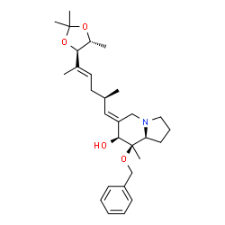 ChemSpider 2D Image | (6E,7S,8R,8aS)-8-(Benzyloxy)-8-methyl-6-{(2R,4E)-2-methyl-5-[(4R,5R)-2,2,5-trimethyl-1,3-dioxolan-4-yl]-4-hexen-1-ylidene}octahydro-7-indolizinol | C29H43NO4