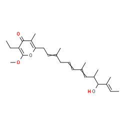 ChemSpider 2D Image | 3-Ethyl-6-[(2E,5E,7E,11E)-10-hydroxy-3,7,9,11-tetramethyl-2,5,7,11-tridecatetraen-1-yl]-2-methoxy-5-methyl-4H-pyran-4-one | C26H38O4