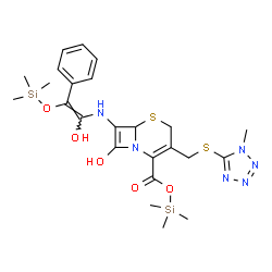 ChemSpider 2D Image | Trimethylsilyl 8-hydroxy-7-({(Z)-1-hydroxy-2-phenyl-2-[(trimethylsilyl)oxy]vinyl}amino)-3-{[(1-methyl-1H-tetrazol-5-yl)sulfanyl]methyl}-5-thia-1-azabicyclo[4.2.0]octa-2,7-diene-2-carboxylate | C24H34N6O5S2Si2