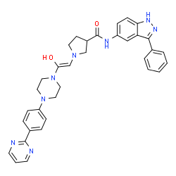 ChemSpider 2D Image | 1-[(Z)-2-Hydroxy-2-{4-[4-(2-pyrimidinyl)phenyl]-1-piperazinyl}vinyl]-N-(3-phenyl-1H-indazol-5-yl)-3-pyrrolidinecarboxamide | C34H34N8O2
