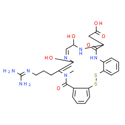 ChemSpider 2D Image | [(10Z)-13-{3-[(Diaminomethylene)amino]propyl}-9,12-dihydroxy-14-methyl-6,15-dioxo-6,7,8,9,14,15-hexahydro-5H-dibenzo[c,p][1,2,5,8,11,14]dithiatetraazacycloheptadecin-7-yl]acetic acid | C26H31N7O6S2
