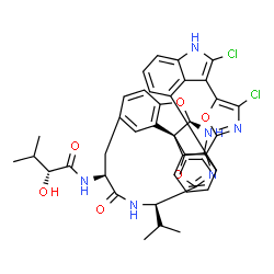 ChemSpider 2D Image | (2R)-N-[(10R,13S,20R,21R)-3,35-Dichloro-10-isopropyl-12-oxo-8,37,40-trioxa-4,11,22,34,39-pentaazadecacyclo[27.6.1.1~2,5~.1~6,9~.1~15,19~.1~18,21~.0~7,20~.0~20,24~.0~23,28~.0~33,36~]tetraconta-1(35),2,
4,6,9(39),15(38),16,18,23,25,27,29(36),30,32-tetradecaen-13-yl]-2-hydroxy-3-methylbutanamide | C40H34Cl2N6O6