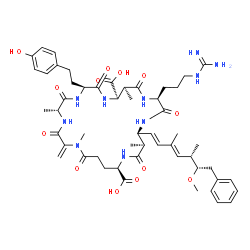 ChemSpider 2D Image | (5R,8S,11R,12S,15S,18S,19S,22R)-15-(3-Carbamimidamidopropyl)-8-[2-(4-hydroxyphenyl)ethyl]-18-[(1E,3E,5S,6S)-6-methoxy-3,5-dimethyl-7-phenyl-1,3-heptadien-1-yl]-1,5,12,19-tetramethyl-2-methylene-3,6,9,
13,16,20,25-heptaoxo-1,4,7,10,14,17,21-heptaazacyclopentacosane-11,22-dicarboxylic acid | C53H74N10O13