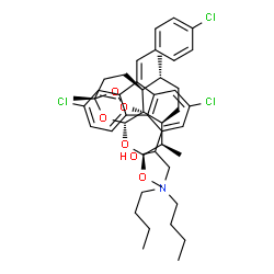 ChemSpider 2D Image | 2-(Dibutylamino)-1-[(9Z)-2,7-dichloro-9-(4-chlorobenzylidene)-9H-fluoren-4-yl]ethanol - (1S,4S,5R,8S,9R,10S,12R,13R)-10-methoxy-1,5,9-trimethyl-11,14,15,16-tetraoxatetracyclo[10.3.1.0~4,13~.0~8,13~]he
xadecane (1:1) | C46H58Cl3NO6
