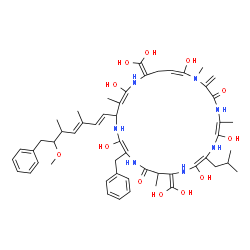ChemSpider 2D Image | (5E,8E,15E,24E)-15-Benzyl-11,22-bis(dihydroxymethylene)-6,9,16,20,25-pentahydroxy-8-isobutyl-18-[(3E)-6-methoxy-3,5-dimethyl-7-phenyl-1,3-heptadien-1-yl]-1,5,12,19-tetramethyl-2-methylene-1,4,7,10,14,
17,21-heptaazacyclopentacosa-5,8,15,19,24-pentaene-3,13-dione | C52H71N7O12