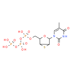 ChemSpider 2D Image | 1-[2,3-Anhydro-5-O-(hydroxy{[hydroxy(phosphonooxy)phosphoryl]oxy}phosphoryl)-2-thiopentofuranosyl]-5-methyl-2,4(1H,3H)-pyrimidinedione | C10H15N2O13P3S