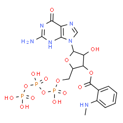 ChemSpider 2D Image | 2-Amino-9-{5-O-(hydroxy{[hydroxy(phosphonooxy)phosphoryl]oxy}phosphoryl)-3-O-[2-(methylamino)benzoyl]pentofuranosyl}-3,9-dihydro-6H-purin-6-one | C18H23N6O15P3