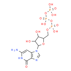ChemSpider 2D Image | 6-Amino-1-[5-O-(hydroxy{[hydroxy(phosphonooxy)phosphoryl]oxy}phosphoryl)pentofuranosyl]-1,5-dihydro-4H-imidazo[4,5-c]pyridin-4-one | C11H17N4O14P3