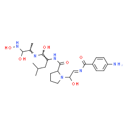 ChemSpider 2D Image | 1-{(2E)-2-[(4-Aminobenzoyl)imino]-1-hydroxyethyl}-N-[(1Z)-1-hydroxy-1-{(E)-[1-hydroxy-1-(hydroxyamino)-2-propanylidene]amino}-4-methyl-1-penten-2-yl]prolinamide | C23H34N6O6
