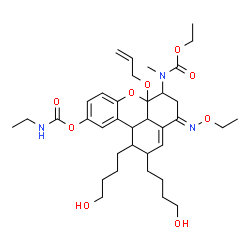 ChemSpider 2D Image | (4E)-6a-(Allyloxy)-6-[(ethoxycarbonyl)(methyl)amino]-4-(ethoxyimino)-1,2-bis(4-hydroxybutyl)-1,2,4,5,6,6a,11b,11c-octahydrobenzo[kl]xanthen-10-yl ethylcarbamate | C36H53N3O9