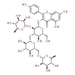 ChemSpider 2D Image | 5,7-Dihydroxy-2-(4-hydroxyphenyl)-4-oxo-4H-chromen-3-yl 6-deoxy-alpha-L-mannopyranosyl-(1->2)-[6-deoxy-alpha-L-mannopyranosyl-(1->6)-beta-D-glucopyranosyl-(1->3)]-beta-D-glucopyranoside | C39H50O24